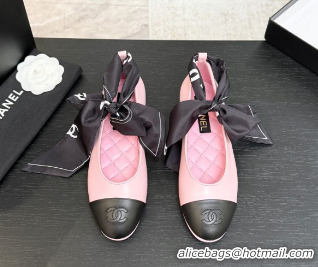 Pretty Style Chanel Lambskin Leather & Silk Ballet Flats with Ankle Strap CH122403 Pink 2026