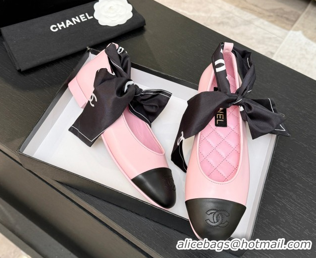 Pretty Style Chanel Lambskin Leather & Silk Ballet Flats with Ankle Strap CH122403 Pink 2026