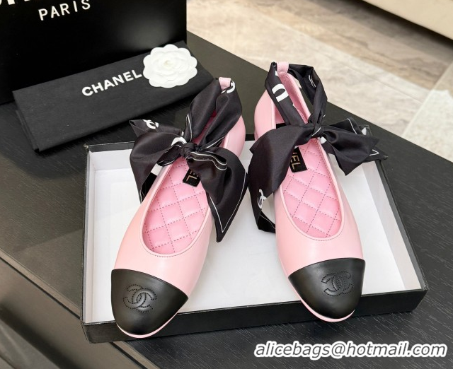 Pretty Style Chanel Lambskin Leather & Silk Ballet Flats with Ankle Strap CH122403 Pink 2026