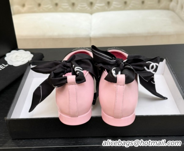 Pretty Style Chanel Lambskin Leather & Silk Ballet Flats with Ankle Strap CH122403 Pink 2026