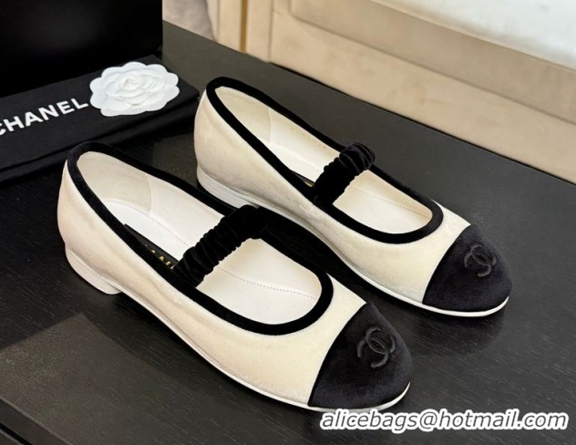 Shop Duplicate Chanel Velvet Mary Janes Ballet Flats with Bow G46542 White 2026