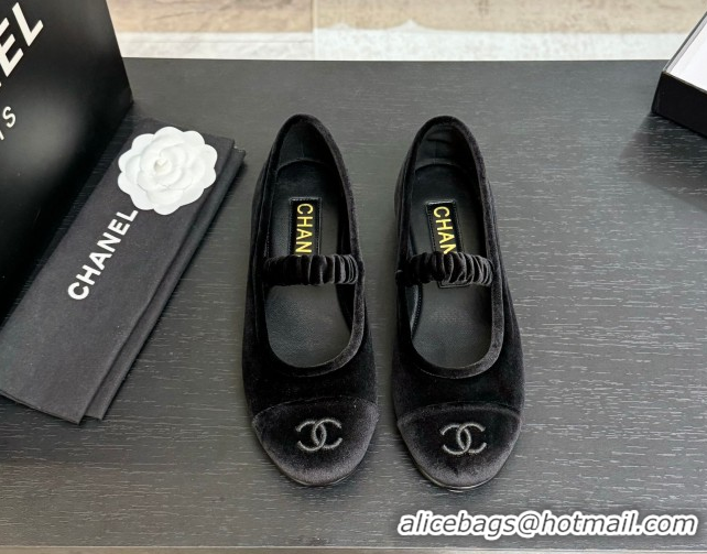 Low Cost Chanel Velvet Mary Janes Ballet Flats with Bow G46542 Black 2026