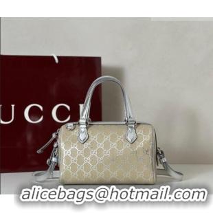 Pretty Style Gucci GG Emblem Canvas Small Boston Bag 848889 Silver 2026