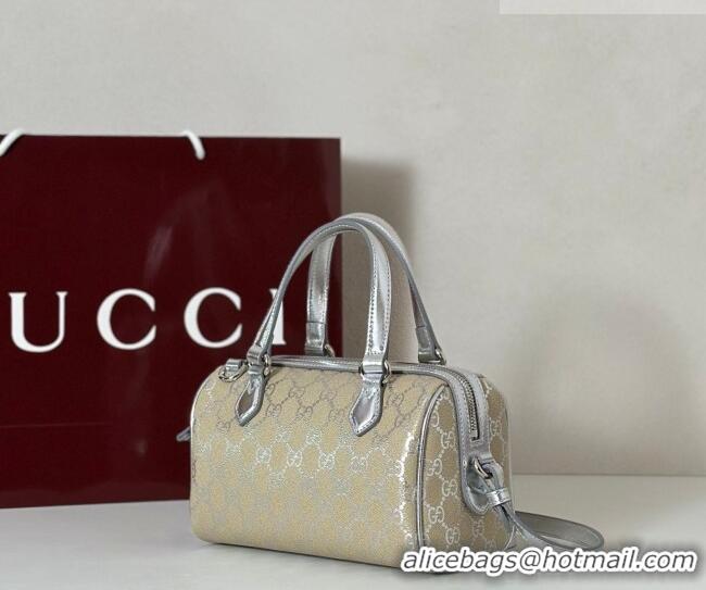 Pretty Style Gucci GG Emblem Canvas Small Boston Bag 848889 Silver 2026
