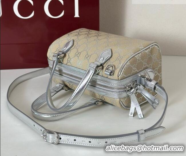 Pretty Style Gucci GG Emblem Canvas Small Boston Bag 848889 Silver 2026