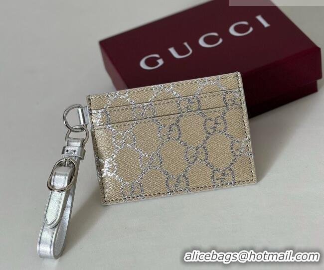 Good Quality Gucci GG Canvas Emblem Card Case Wallet with Strap 819121 Silver 2026