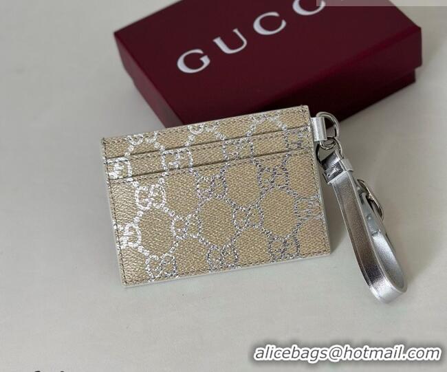 Good Quality Gucci GG Canvas Emblem Card Case Wallet with Strap 819121 Silver 2026
