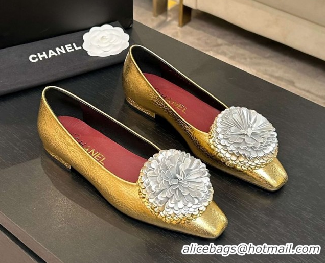 Low Price Chanel Calfskin Leather Ballet Flats with Bloom CH122404 Gold 2026