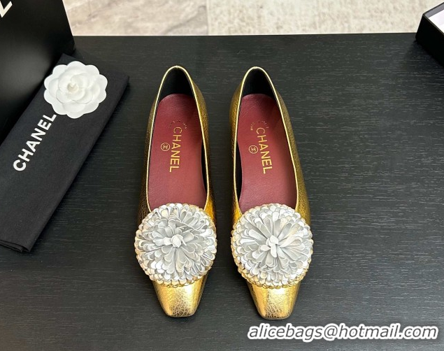 Low Price Chanel Calfskin Leather Ballet Flats with Bloom CH122404 Gold 2026