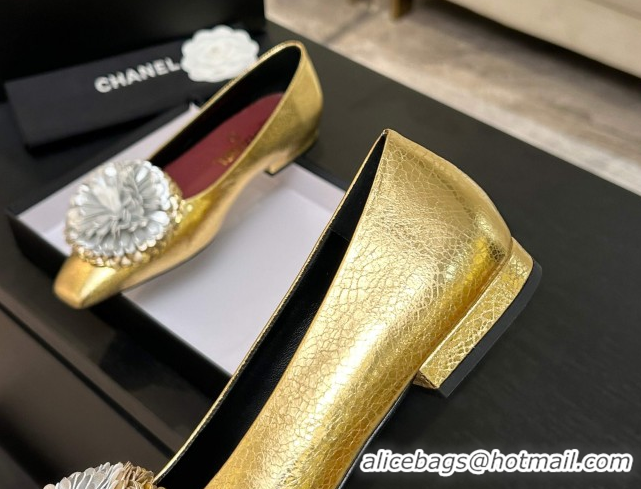 Low Price Chanel Calfskin Leather Ballet Flats with Bloom CH122404 Gold 2026