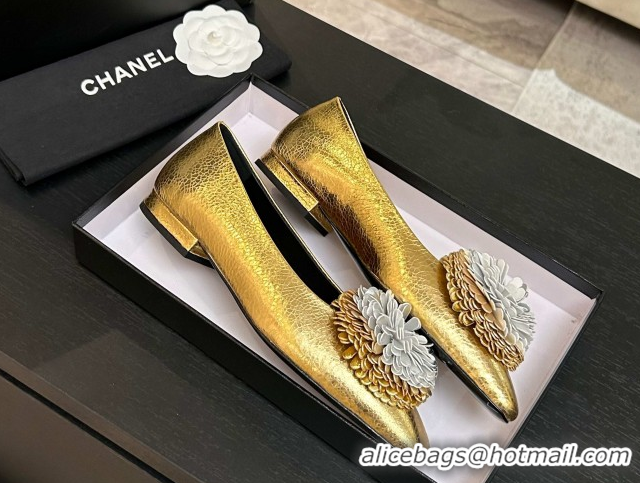 Low Price Chanel Calfskin Leather Ballet Flats with Bloom CH122404 Gold 2026