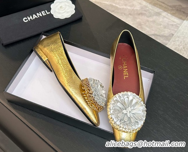 Low Price Chanel Calfskin Leather Ballet Flats with Bloom CH122404 Gold 2026