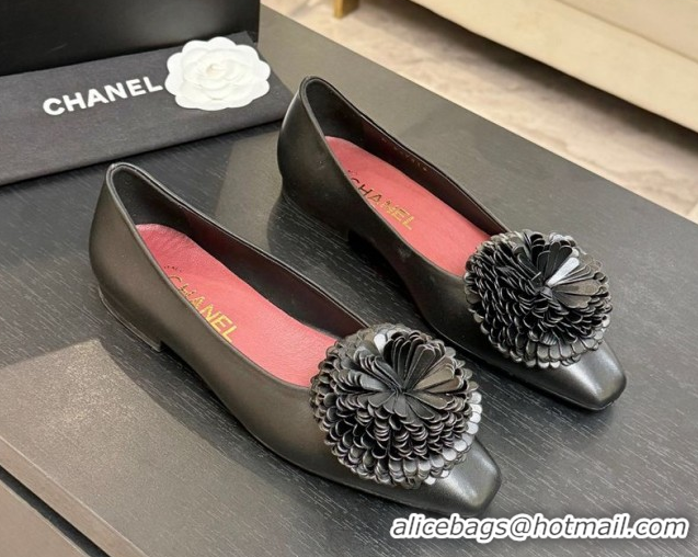 Crafted Chanel Calfskin Leather Ballet Flats with Bloom CH122404 Black 2026