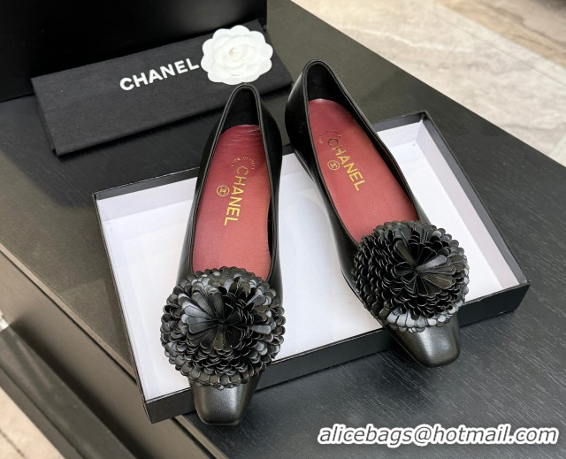 Crafted Chanel Calfskin Leather Ballet Flats with Bloom CH122404 Black 2026