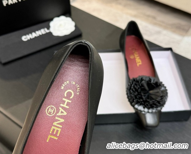 Crafted Chanel Calfskin Leather Ballet Flats with Bloom CH122404 Black 2026