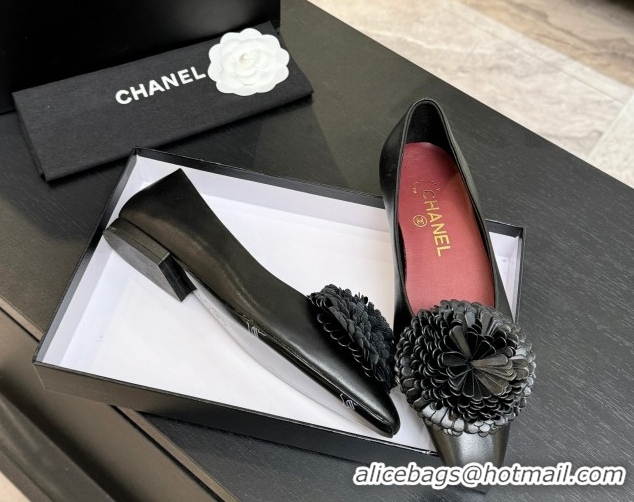 Crafted Chanel Calfskin Leather Ballet Flats with Bloom CH122404 Black 2026