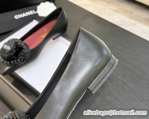 Crafted Chanel Calfskin Leather Ballet Flats with Bloom CH122404 Black 2026