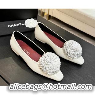 Grade Quality Chanel Calfskin Leather Ballet Flats with Bloom CH122404 White 2026