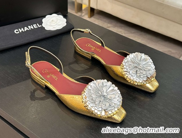 Good Quality Chanel Calfskin Leather Slingbacks Flat with Bloom CH122404 Gold 2026