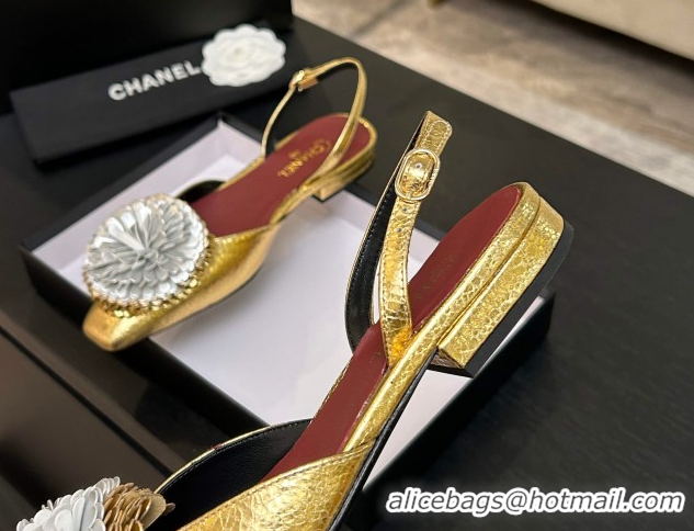 Good Quality Chanel Calfskin Leather Slingbacks Flat with Bloom CH122404 Gold 2026