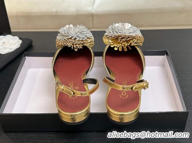 Good Quality Chanel Calfskin Leather Slingbacks Flat with Bloom CH122404 Gold 2026