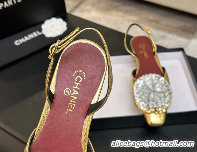 Good Quality Chanel Calfskin Leather Slingbacks Flat with Bloom CH122404 Gold 2026