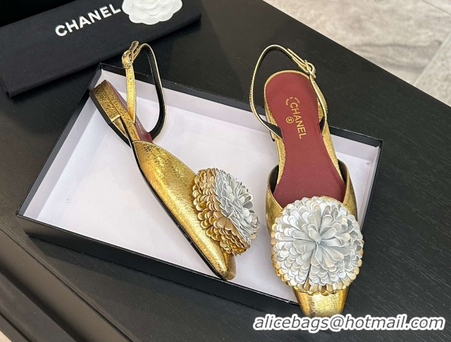 Good Quality Chanel Calfskin Leather Slingbacks Flat with Bloom CH122404 Gold 2026