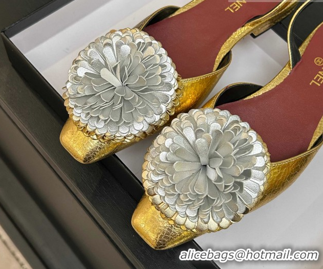 Good Quality Chanel Calfskin Leather Slingbacks Flat with Bloom CH122404 Gold 2026