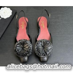 Best Grade Chanel Calfskin Leather Slingbacks Flat with Bloom CH122404 Black 2026