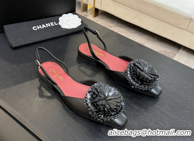 Best Grade Chanel Calfskin Leather Slingbacks Flat with Bloom CH122404 Black 2026