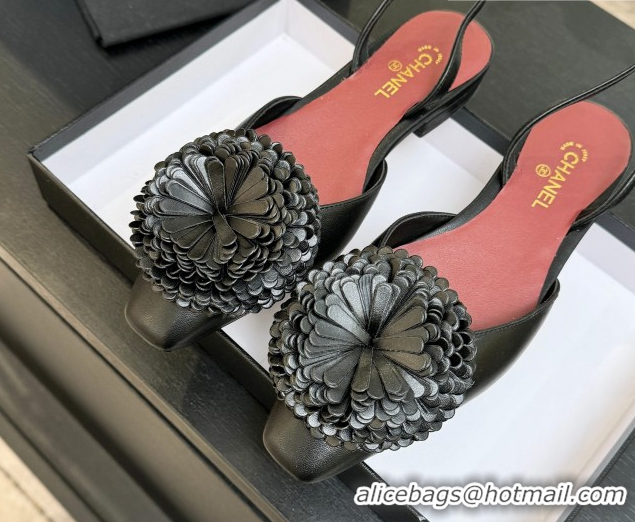 Best Grade Chanel Calfskin Leather Slingbacks Flat with Bloom CH122404 Black 2026