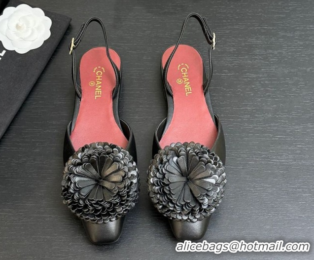 Best Grade Chanel Calfskin Leather Slingbacks Flat with Bloom CH122404 Black 2026