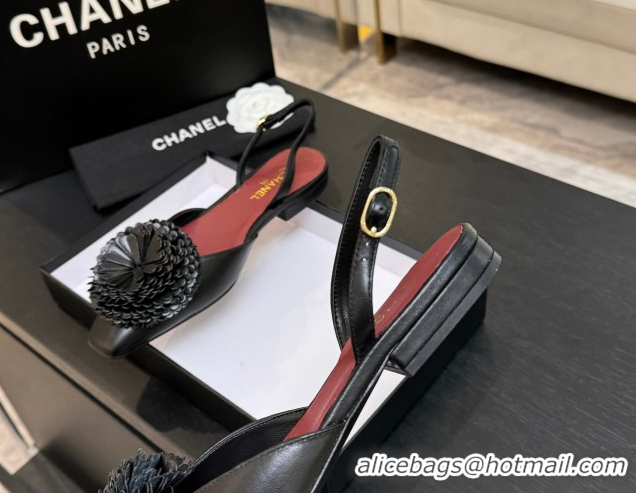 Best Grade Chanel Calfskin Leather Slingbacks Flat with Bloom CH122404 Black 2026