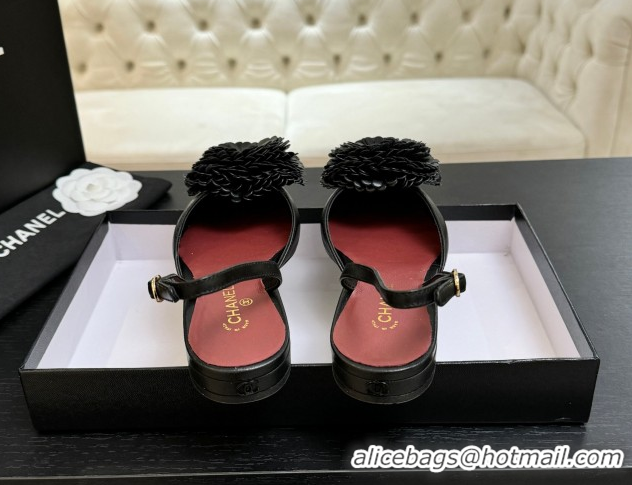 Best Grade Chanel Calfskin Leather Slingbacks Flat with Bloom CH122404 Black 2026