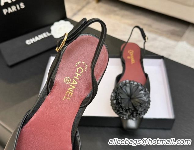 Best Grade Chanel Calfskin Leather Slingbacks Flat with Bloom CH122404 Black 2026