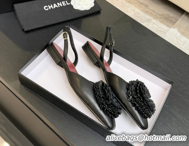 Best Grade Chanel Calfskin Leather Slingbacks Flat with Bloom CH122404 Black 2026