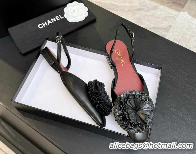 Best Grade Chanel Calfskin Leather Slingbacks Flat with Bloom CH122404 Black 2026