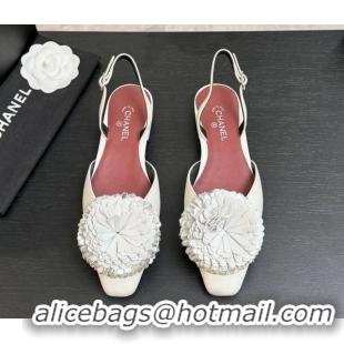 Best Price Chanel Calfskin Leather Slingbacks Flat with Bloom CH122404 White 2026