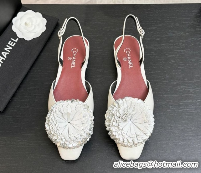 Best Price Chanel Calfskin Leather Slingbacks Flat with Bloom CH122404 White 2026