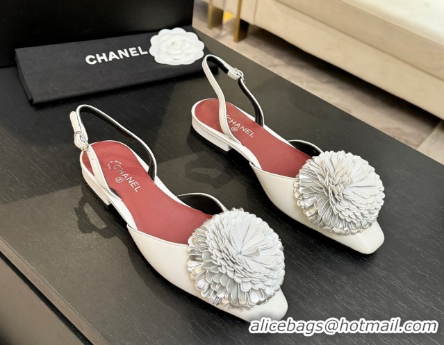 Best Price Chanel Calfskin Leather Slingbacks Flat with Bloom CH122404 White 2026