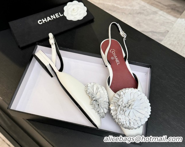 Best Price Chanel Calfskin Leather Slingbacks Flat with Bloom CH122404 White 2026