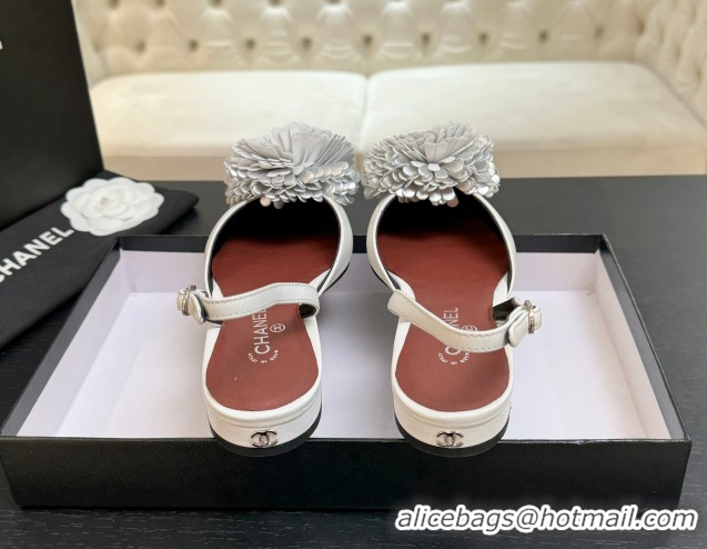 Best Price Chanel Calfskin Leather Slingbacks Flat with Bloom CH122404 White 2026