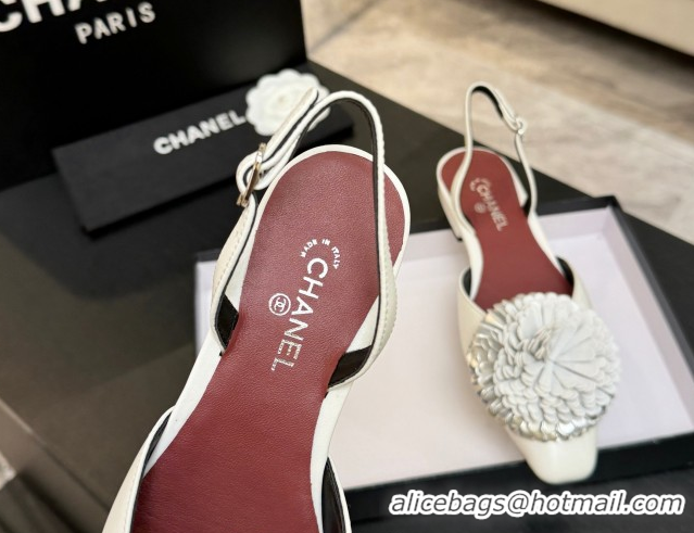 Best Price Chanel Calfskin Leather Slingbacks Flat with Bloom CH122404 White 2026