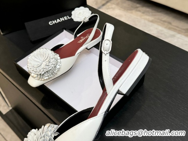 Best Price Chanel Calfskin Leather Slingbacks Flat with Bloom CH122404 White 2026
