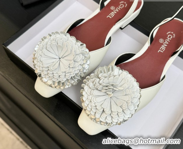Best Price Chanel Calfskin Leather Slingbacks Flat with Bloom CH122404 White 2026