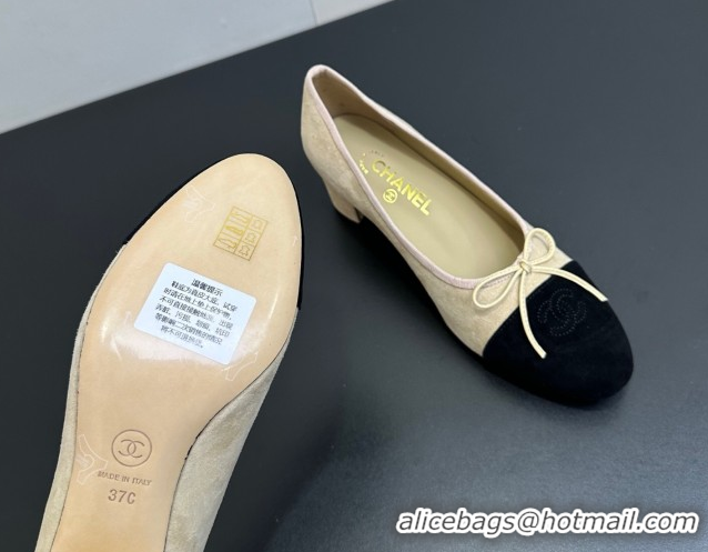 Charming Chanel Suede Pumps 6.5cm with Bow CH122405 Beige/Black 2026