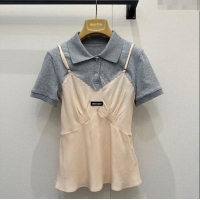 Famous Brand Miu Miu Cotton and Silk Polo Shirt MM122519 Grey/Nude 2025