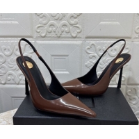 Stylish Saint Laurent Romy Slingback Pumps 10.5cm in Patent Leather Brown 1028085