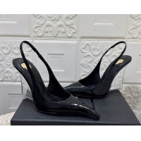 Perfect Saint Laurent Pointy Slingback Wedge Pumps 10.5cm in Patent Leather Black 1028087