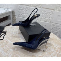 Best Price Saint Laurent Pointy Slingback Wedge Pumps 10.5cm in Patent Leather Blue 1028089